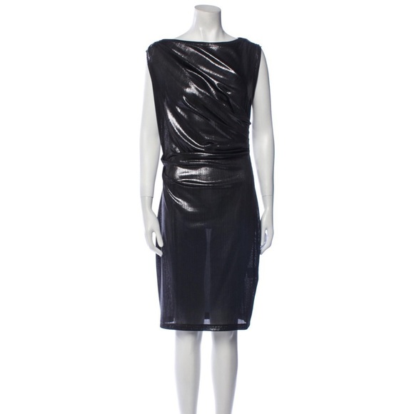 Talbot Runhof Gunmetal Sliver Ruched Sleeveless Knee-Length Dress EUC Medium - Picture 1 of 10